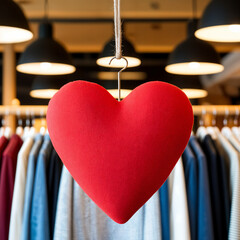 A red  textile heart in a clothing store.