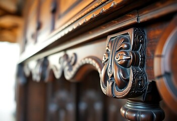 Fototapeta premium close up of a wooden table with carvings on it