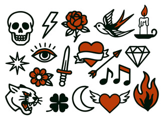 Vector Collection of old school tattoo elements. Traditional, Retro style. Butterfly, Fire, Heart, Rose, Swallow and Skull