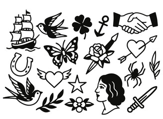 Vector Collection of old school tattoo elements. Traditional, Retro style. Butterfly, Fire, Heart, Rose, Swallow and Skull