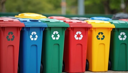 Array of colorful recycling bins with labels for sorting different types of recyclable materials. Concept eco-friendly, sustainability, reduce waste, protect resources. Waste management.