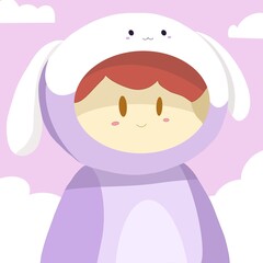 Girl in Bunny Costume: Charming illustration of a young girl, her eyes sparkling with innocence, adorned in a plush bunny costume against a soft pastel backdrop.