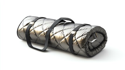 A stylish, rolled-up camping blanket with sleek straps, perfect for outdoor adventures. Ideal for picnics, camping trips, or travel enthusiasts seeking comfort and warmth.