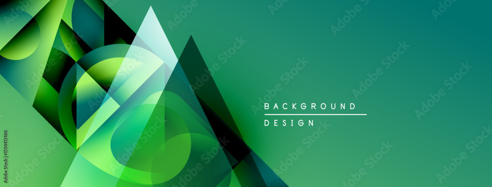 Poster Abstract geometric shapes overlap, creating vibrant green gradient background. Modern design elements suggest innovation, technology.