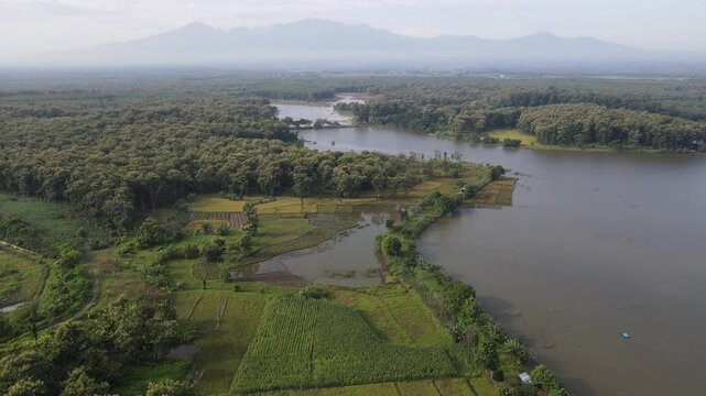 Aerial view of Saradan Lake at Ngawi, Java, Indonesia, on a bright sunny morning day.