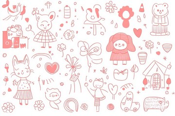 Fototapeta premium Sfondo senza soluzione di continuità con personaggi e motivi a tema kawaii rosa pastello