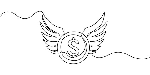 Fototapeta premium One line drawing coins dollar with wings flying in the sky. Lost money concept. Flying money. Economy, finance, money pictogram. Vector illustration, Single one line drawing coins dollar with wings.