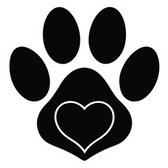 Fototapeta premium Paw Print with Heart Icon, Pet Love Symbol, Black and White Animal Footprint Illustration