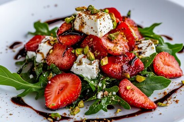 Fresh Strawberry Salad With Goat Cheese, Nuts, and Balsamic Glaze on a Plate