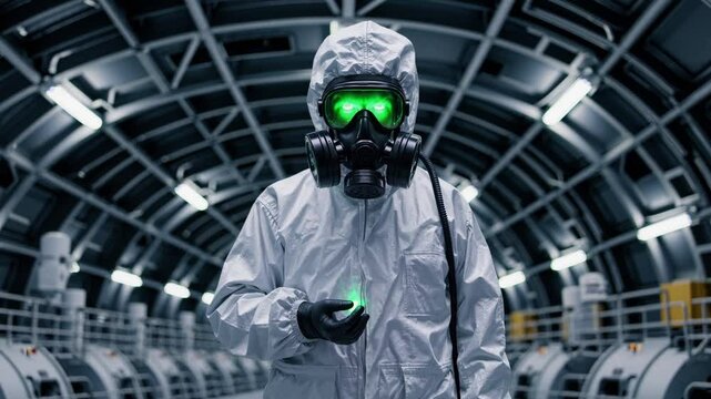 Hazardous material handler wearing protective suit in sterile environment  
