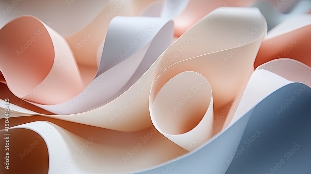 Poster abstract design of curved sheets of paper in muted colors.