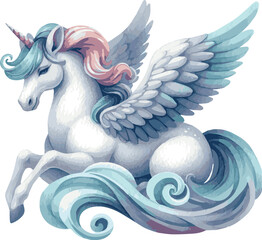 Obraz premium Vector watercolor painted illustration of unicorn pegasus