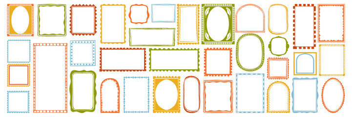 Fototapeta na wymiar Wavy wedding frame set, vector hand drawn geometric border, simple trendy doodle ornamental stamp. Square arch oval shape empty banner, modern summer minimal decor design. Wavy frame print collection