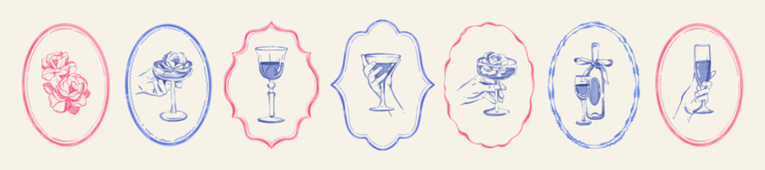 Obraz premium Watercolor wedding frame set vector elegant minimal holiday invitation border, feminine doodle print. Woman hand holding wine glass, pink roses champagne drinks, holiday poster design. Wedding frame