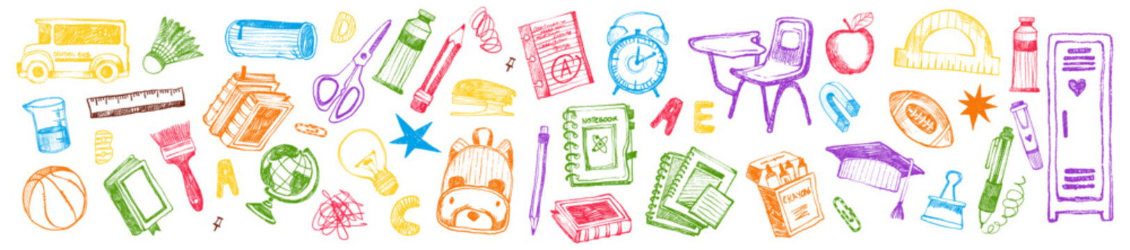 Back to school doodle set, vector hand drawn wax crayon kids education print, cartoon stationery. Colorful pencil student supply objects, backpack, classroom items. Cute back to school illustration