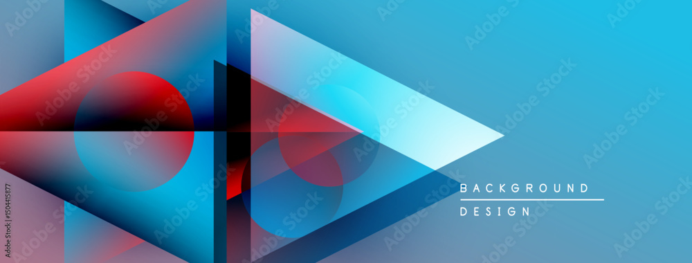 Poster abstract geometric shapes overlap, creating vibrant blue, red gradients. modern design suggests tech