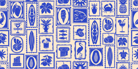 Fototapeta na wymiar Exotic summer seamless pattern, coastal Mediterranean mosaic repeat background, travel surf print. Tropical abstract blue texture, hand drawn ocean tile decoration banner. Aloha beach summer pattern