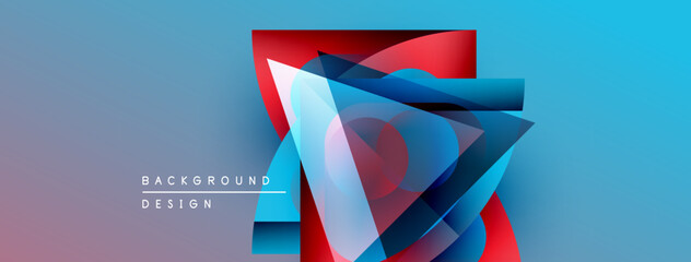 Abstract geometric shapes overlap, creating vibrant color gradients. Blue, red, purple hues dominate design. Modern background texture.