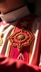 close up of a person wearing a red and white uniform