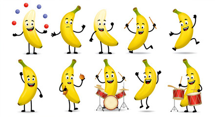 Playful bananas engaging in various activities with bright expressions  