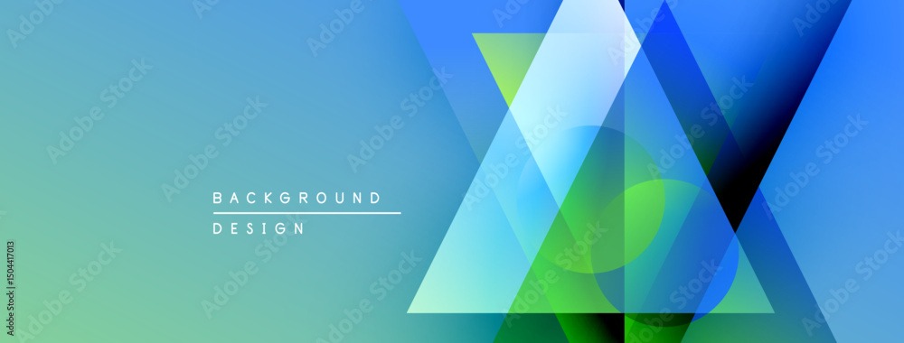 Fototapete Abstract geometric background. Overlapping triangles create vibrant color gradients, modern design elements. Blue, green hues dominate composition.