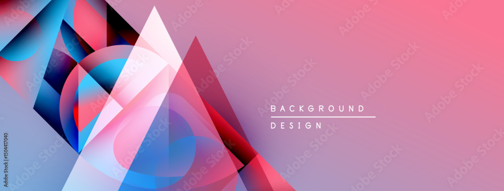 Poster abstract geometric shapes overlap, creating vibrant color gradients. pink background complements blu