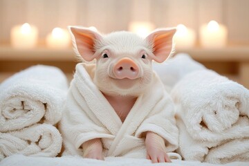 baby piglet dressed in soft white spa robe sitting in clean, minimalist spa room with bright lighting and fluffy towels. Perfect for wellness ads, animal-themed social media, humorous greeting cards