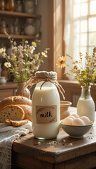 Milk and bread on the table