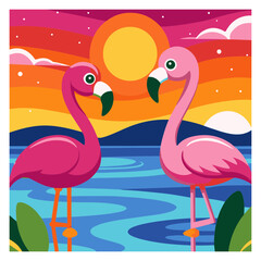 Two beautiful pink flamingo birds standing in water, a cute cartoon wildlife animal illustration