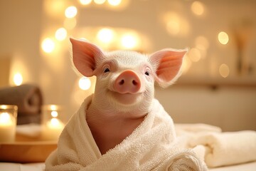 Charming baby piglet in spa setting wearing robe and relaxing in bright minimal interior. Concept image for beauty, wellness and animal themed advertising projects