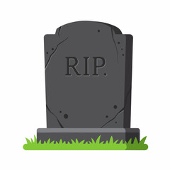 Grave tombstone with rip inscription and grass. Dark grey headstone rests on simple base, surrounded by small patches of green grass. This somber image is ideal for Halloween, creating a spooky atmosp