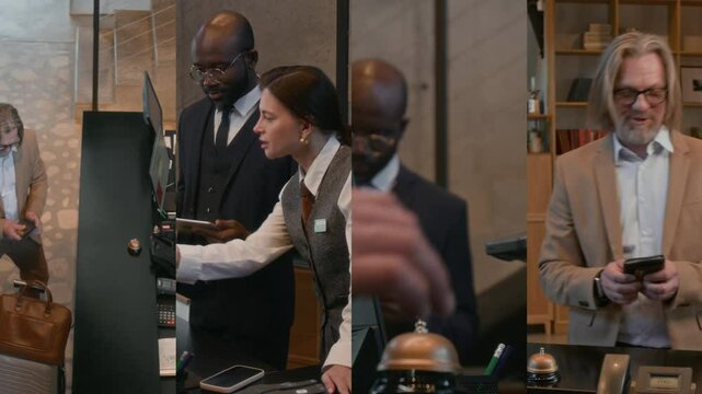 Split screen footage of senior man giving document and paying with smartwatch during checkin procedure, hotel receptionist and manager discussing information on digital tablet at front desk
