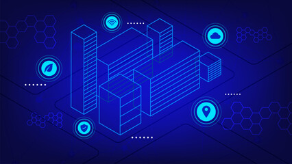 Futuristic smart city illustration with glowing blue buildings and technology icons including cloud, GPS, Wi-Fi, and security on blue background