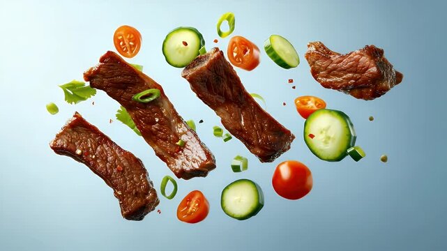 Grilled steak meat with vegetables flying in air