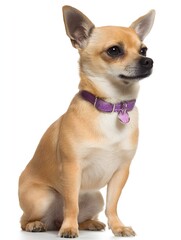 Obraz premium A realistic full body photograph shows a tan Chihuahua dog sitting attentively with a purple collar on a seamless white background in a studio setting now.