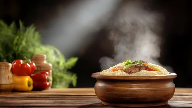 Hot couscous dish steaming on wooden table