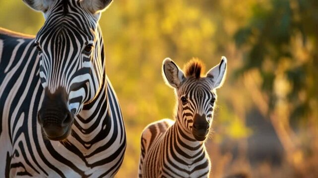 A close-up of a zebra and its foal, showcasing the beauty of wildlife in a sunlit setting.
