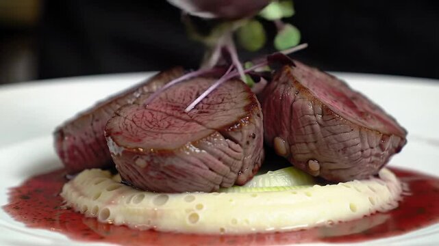 filet mignon cut into perfect medallions, arranged on a spiral-shaped celeriac pur&eacute;e, accompanied by a bright red wine reduction and microgreens