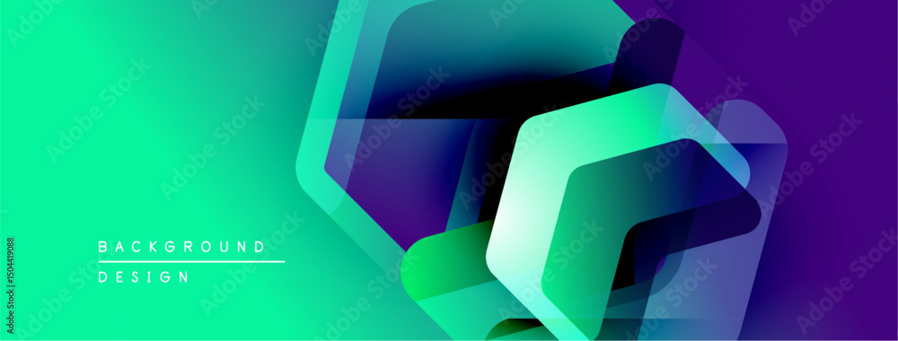 Poster abstract geometric shapes overlap, creating vibrant gradient effect. turquoise, purple hues dominate