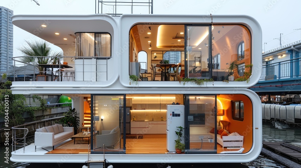 Poster white modular home with interlocking rectangular sections, innovative and space-efficient design