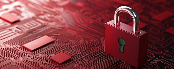 legal court risk management concept. Digital lock on a circuit board background in red tones.