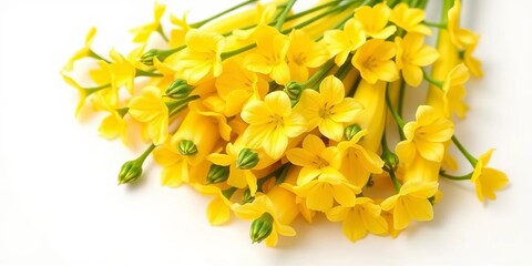 Obraz premium Delicate yellow zucchini blossoms, pristine white backdrop, garden, gourmet