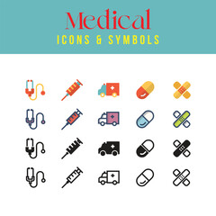 Medical icons featuring health services, doctors, and hospital care symbols