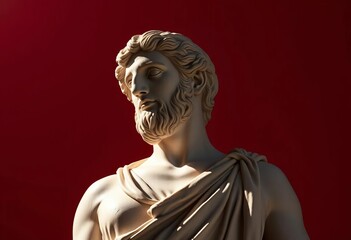 Dramatic chiaroscuro on classical statue, bold red backdrop, emphasizing texture and shadow,  image,  art deco