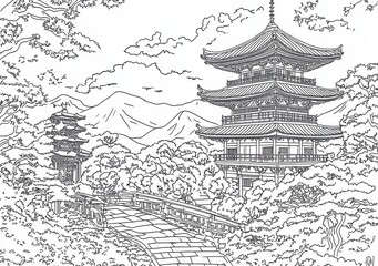Paesaggio Monocromatico con Pagoda Giapponese