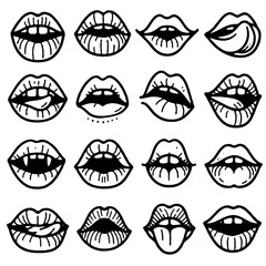 Adobe Illustrator Artwork Collection of hand-drawn lips illustrations. Set of female lips, stylish lip black and white designs, lip outlines in various shapes and styles. 