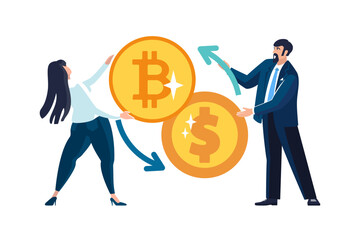 Vector illustrations. Financial transactions, penny transfers, banking transactions, gold coins, exchange between dollar and bitcoin. Business, businessman, business people, Europeans, team work