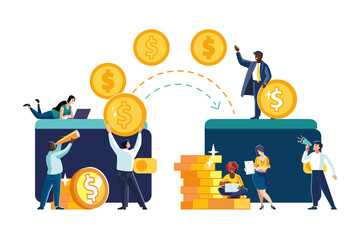 Vector illustrations. Financial transactions, penny transfers, banking transactions, profitable deals with coins, dollars Business, ethnic groups, African Americans, teamwork, people Currency exchange