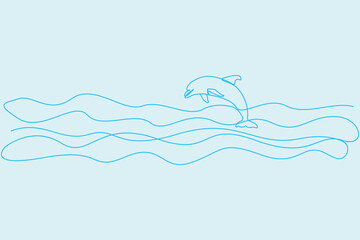 Hand-drawn dolphin with ocean view line art drawing. World Oceans Day concept background