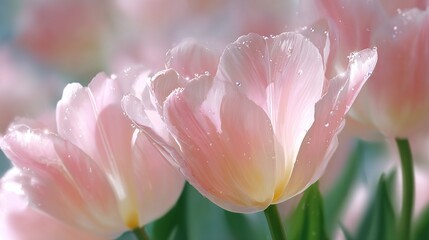 Fototapeta premium Delicate pink tulips in soft focus create a serene and peaceful atmosphere. The flowers shimmer with light droplets. Great for nature lovers and floral design. AI